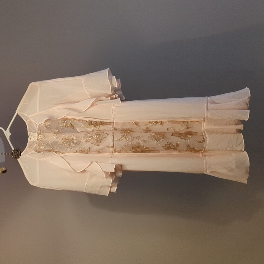 BCBG MaxAzria gold floral cream dress